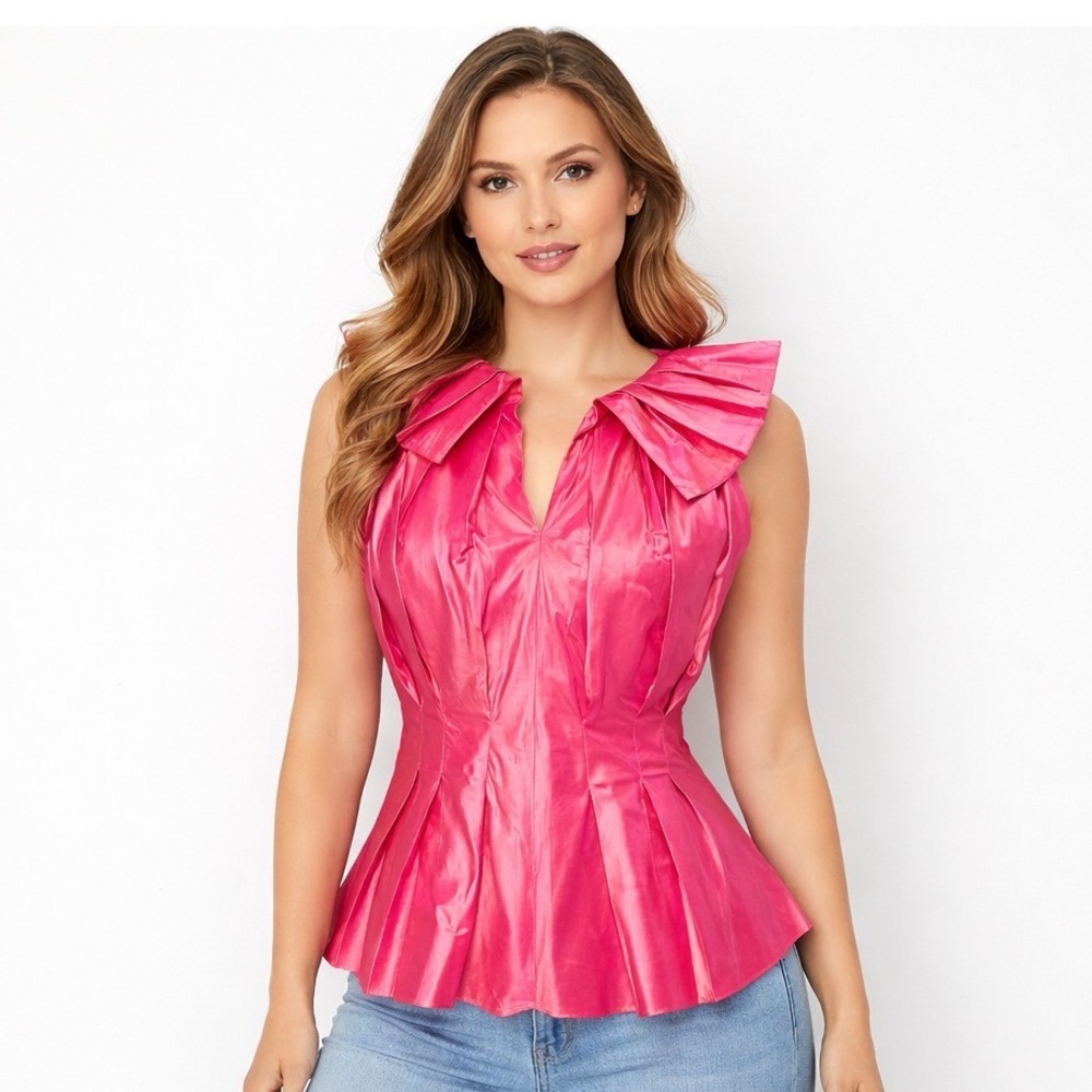 Flores & Flores 90s Pink Iridescent Silk Peplum Top Pleated Fan Collar Size 4